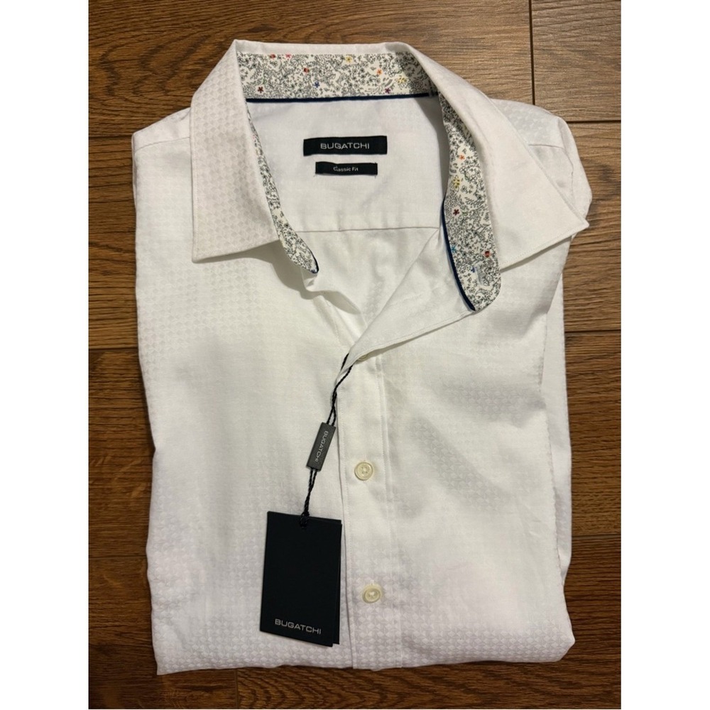 Bugatchi Mens XL White Geometric Jacquard Button Up Shirt Classic Fit Cotton - Picture 10 of 10